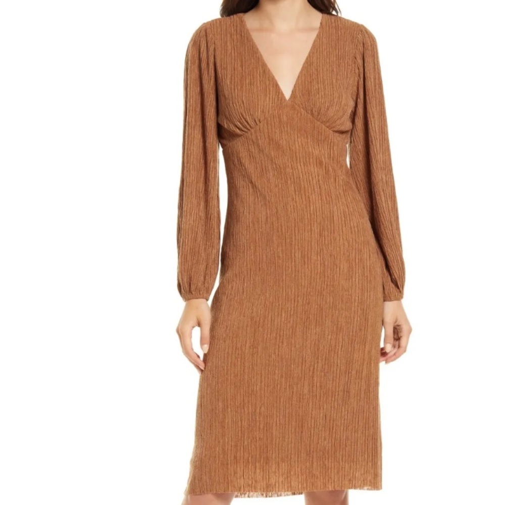 NWT All in Favor Plisse Empire Waist Midi Dress in Desert Palm Sz S Nordstrom